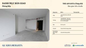 Không gian phòng khách và bếp bàn giao thô tại tháp B3 dự án Gladia Heights