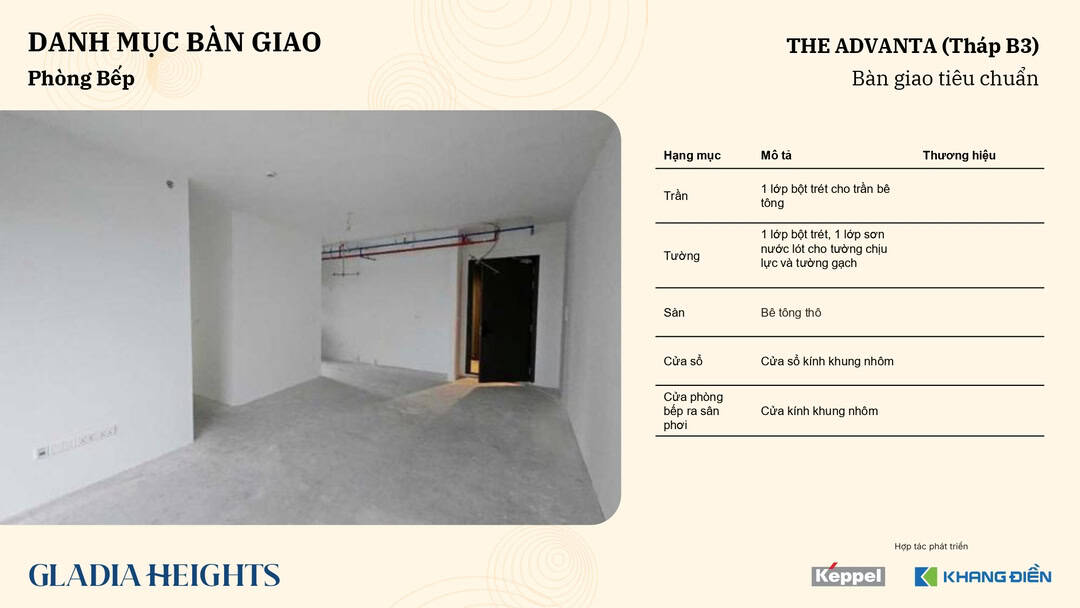 Không gian phòng khách và bếp bàn giao thô tại tháp B3 dự án Gladia Heights