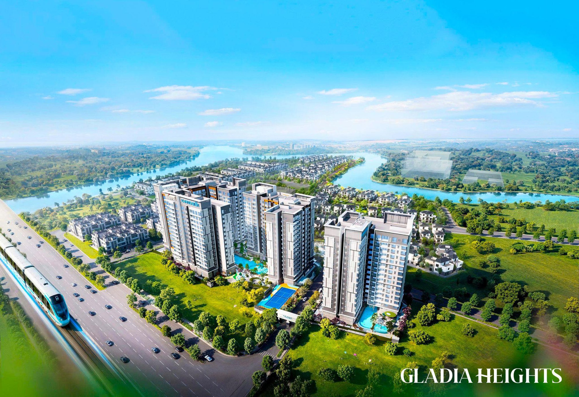 Phối cảnh tổng thể dự án Gladia Heights ven sông với hồ bơi, sân thể thao và trục đường lớn phía trước