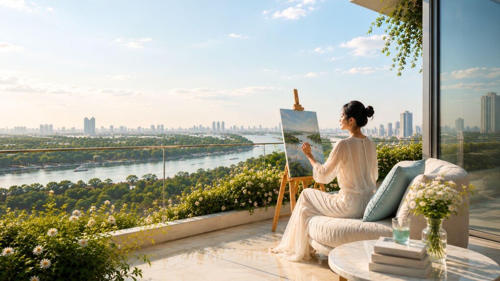 Tầm nhìn ra sông từ ban công căn hộ tại dự án Gladia Heights