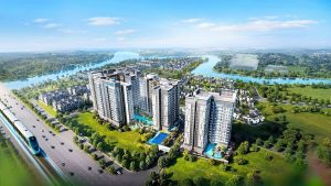Toàn cảnh dự án Gladia Heights với ba tòa tháp nằm giữa cảnh quan sông nước khu Đông