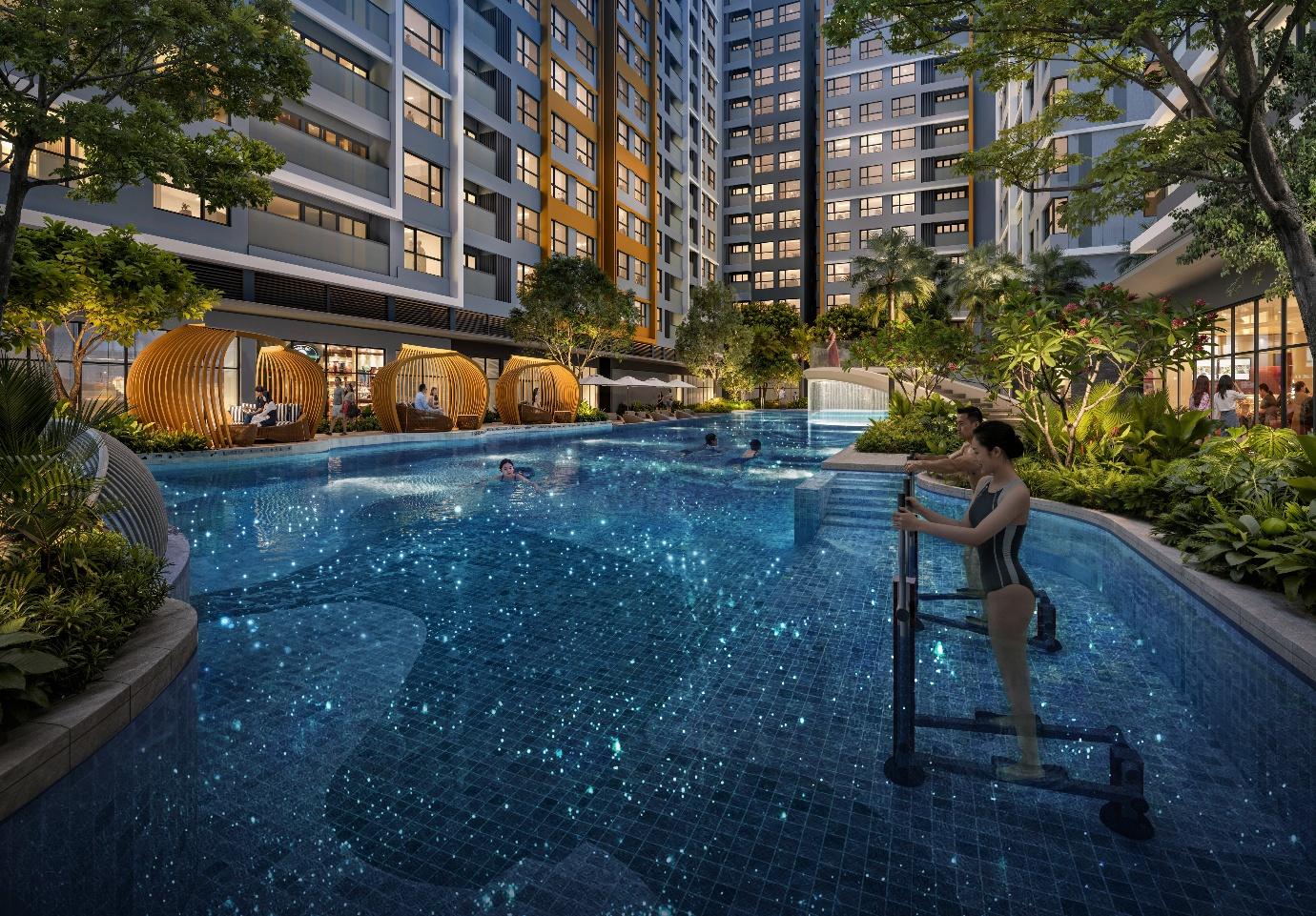 Hồ bơi nội khu về đêm tại dự án căn hộ Gladia Heights