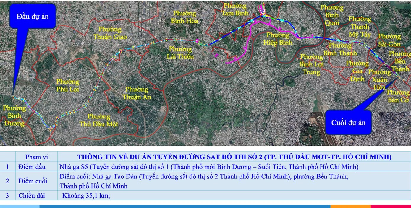 Bản đồ phạm vi tuyến Metro số 2 Thủ Dầu Một TPHCM qua các phường, điểm đầu và cuối dự án