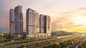 Phối cảnh các tòa tháp cao tầng The Primavera cạnh tuyến đường lớn và đường sắt