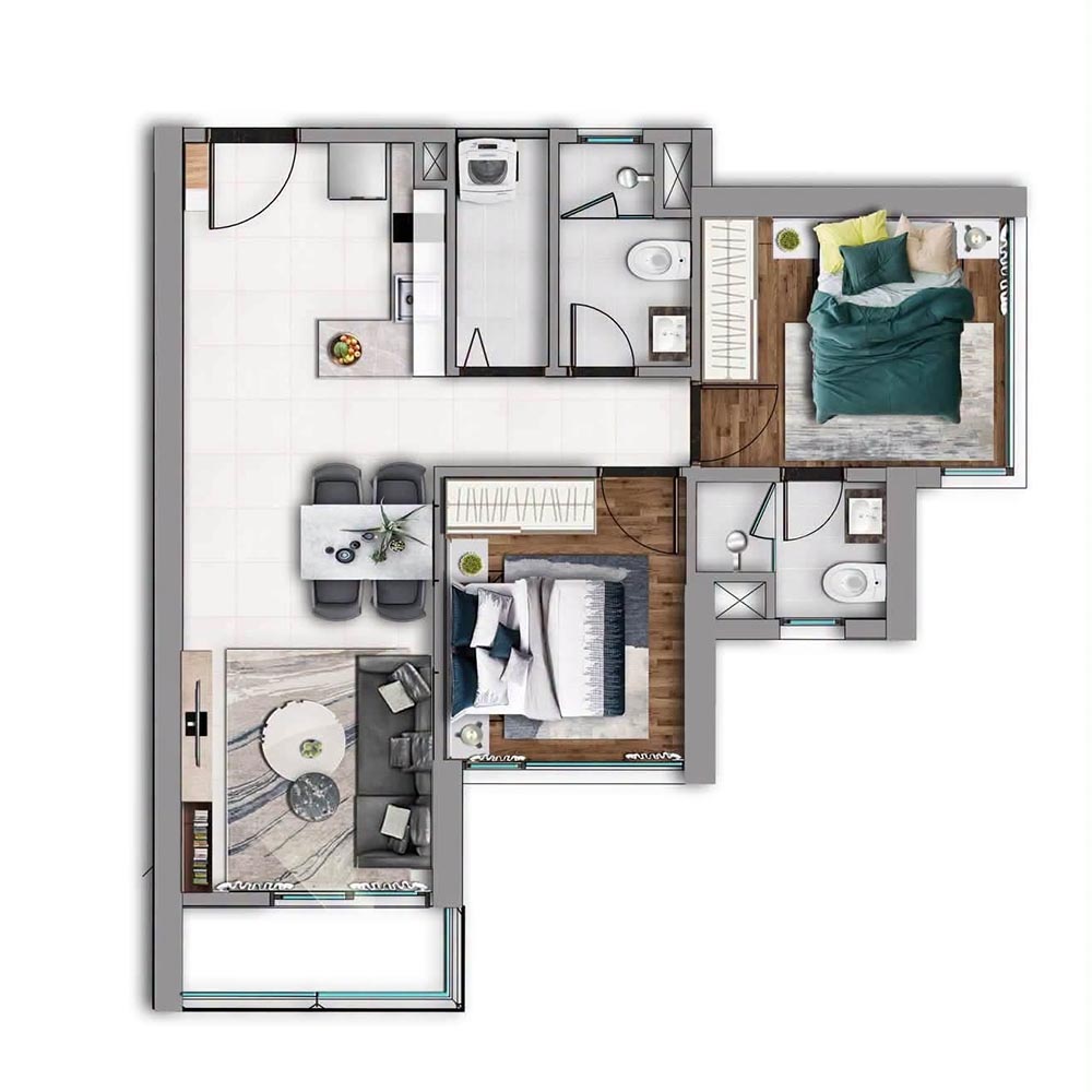 Mặt bằng căn hộ 2 phòng ngủ tại dự án Mont Alp Residences