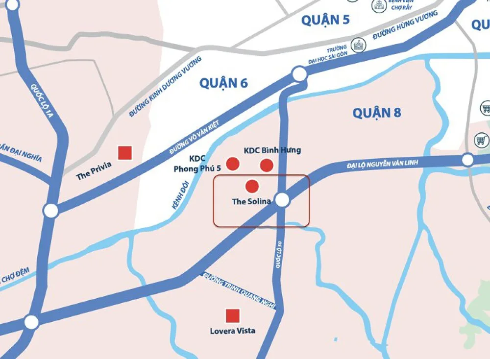 Sơ đồ vị trí dự án The Solina Khang Điền gần Quốc lộ 50 và Đại lộ Nguyễn Văn Linh